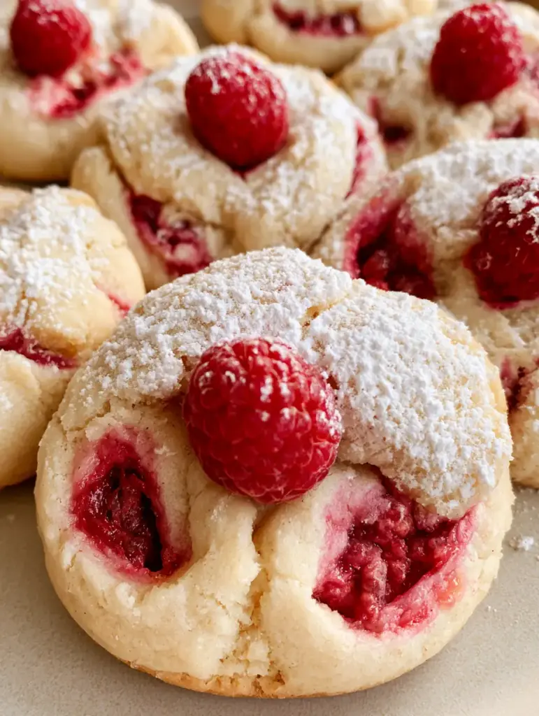 Lemon Raspberry Cookies: Thick and Soft Bakery-Style Recipe 2 Close-up of Lemon Raspberry Cookies showing cracked texture and powdered sugar dusting. (Lemon Raspberry Cookies)