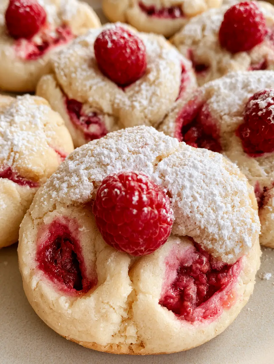 Lemon Raspberry Cookies: Thick and Soft Bakery-Style Recipe 3 Close-up of Lemon Raspberry Cookies showing cracked texture and powdered sugar dusting. (Lemon Raspberry Cookies)