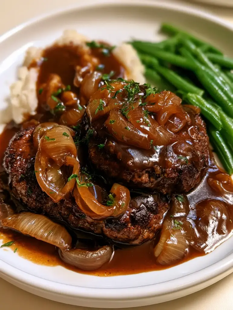A full dinner plate of Hamburger Steak with Brown Gravy, creamy mashed potatoes, and steamed green beans.