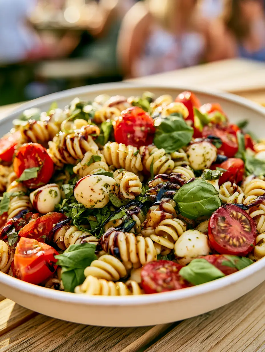 Close up of al dente rotini pasta coated in herb oil with bright red halved cherry tomatoes and white mozzarella pearls.
