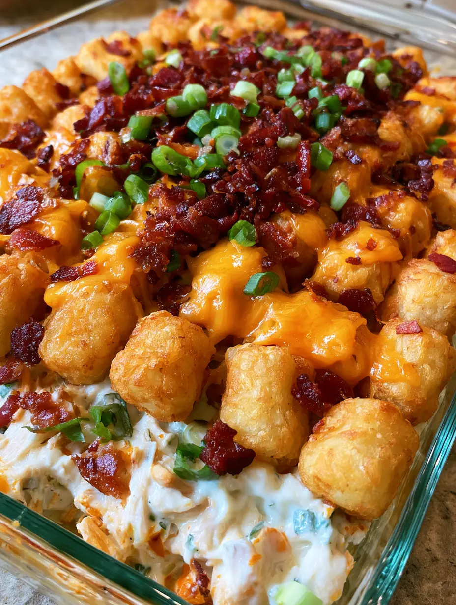 Chicken Bacon Ranch Tater Tot Casserole: The Ultimate Cheesy Comfort Food 3 A close-up shot of golden-brown tater tots topped with melted orange cheddar and dark bacon crumbles. (Chicken Bacon Ranch Tater Tot Casserole)