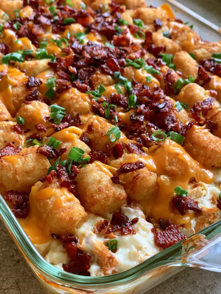 Chicken Bacon Ranch Tater Tot Casserole: The Ultimate Cheesy Comfort Food 1 A handheld smartphone photo of a Chicken Bacon Ranch Tater Tot Casserole sitting on a stone countertop.
