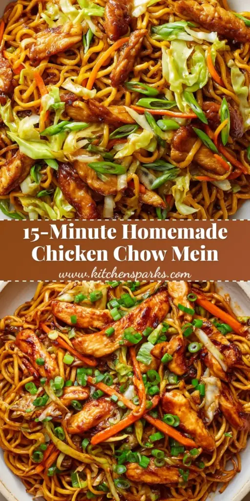 A dark ceramic bowl filled with Chicken Chow Mein, featuring charred noodles, seared chicken strips, julienned carrots, and green scallions.