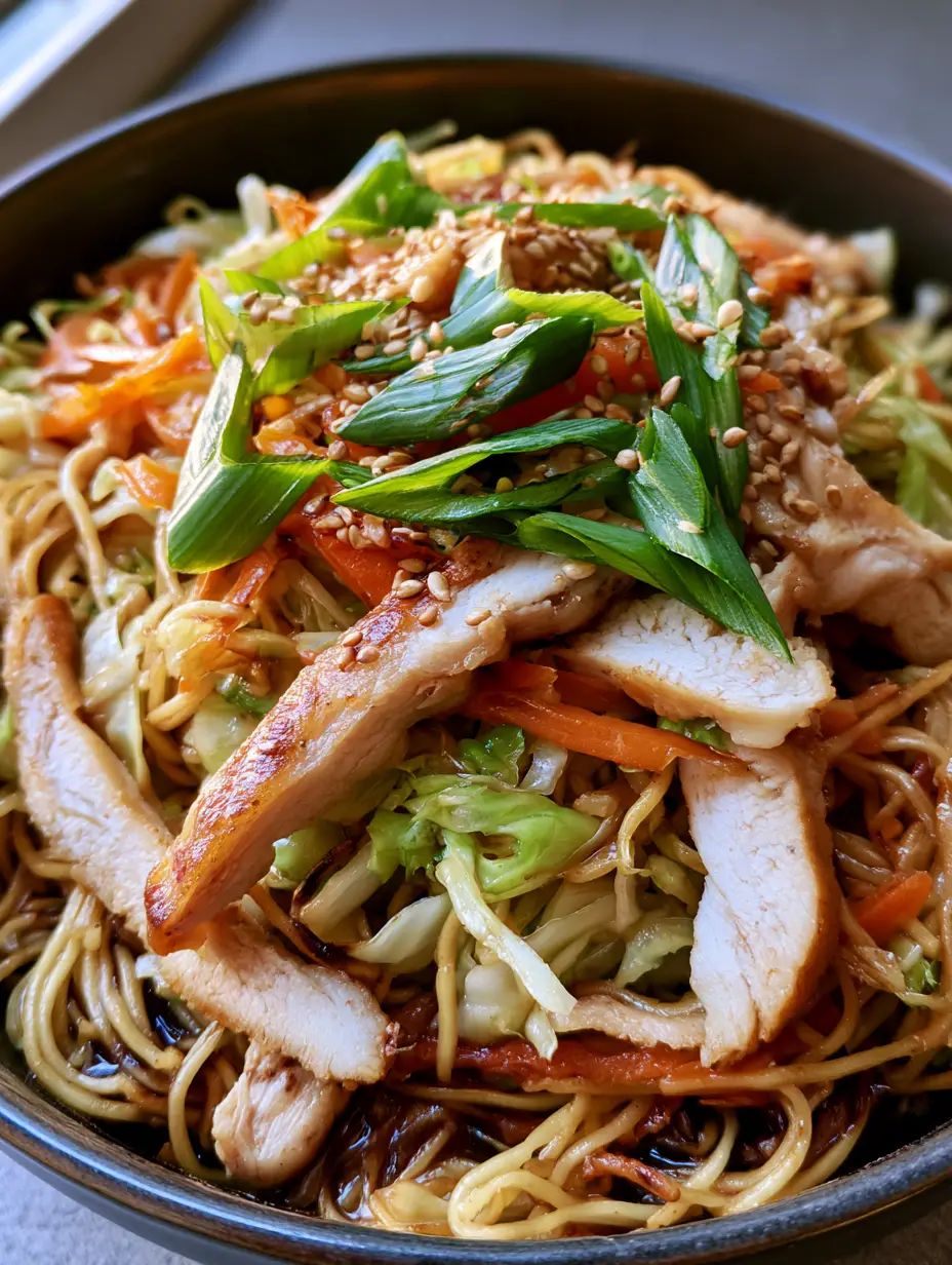 Close-up of Chicken Chow Mein showing the glistening dark soy sauce and charred wheat noodles. (Chicken Chow Mein)