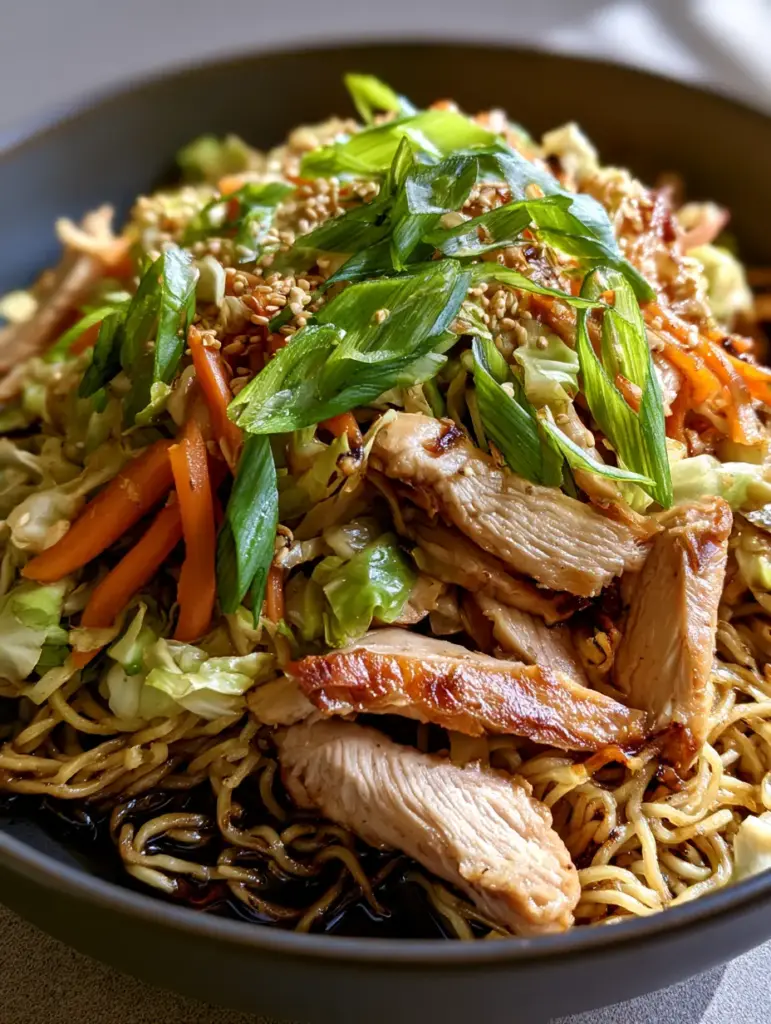 A handheld photo of Chicken Chow Mein in a dark bowl with vibrant julienned carrots and green scallions.