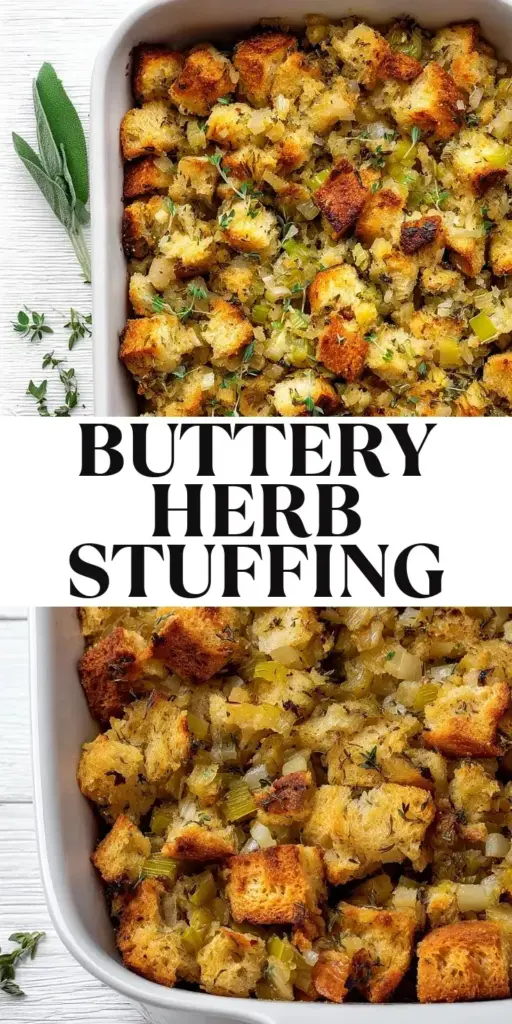 A close-up of Buttery Herb Stuffing in a white ceramic dish with fresh sage and rosemary garnish on a beige linen background.
