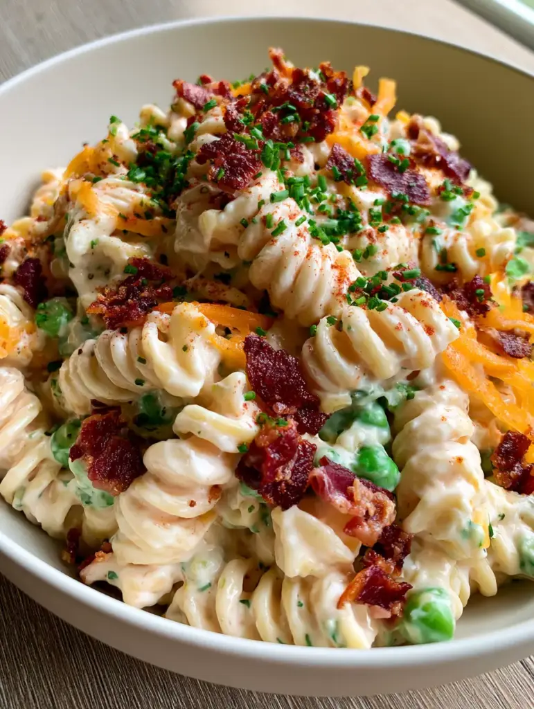 Side view of a serving of bacon ranch pasta salad highlighting chunky bacon bits and bright orange shredded cheddar.