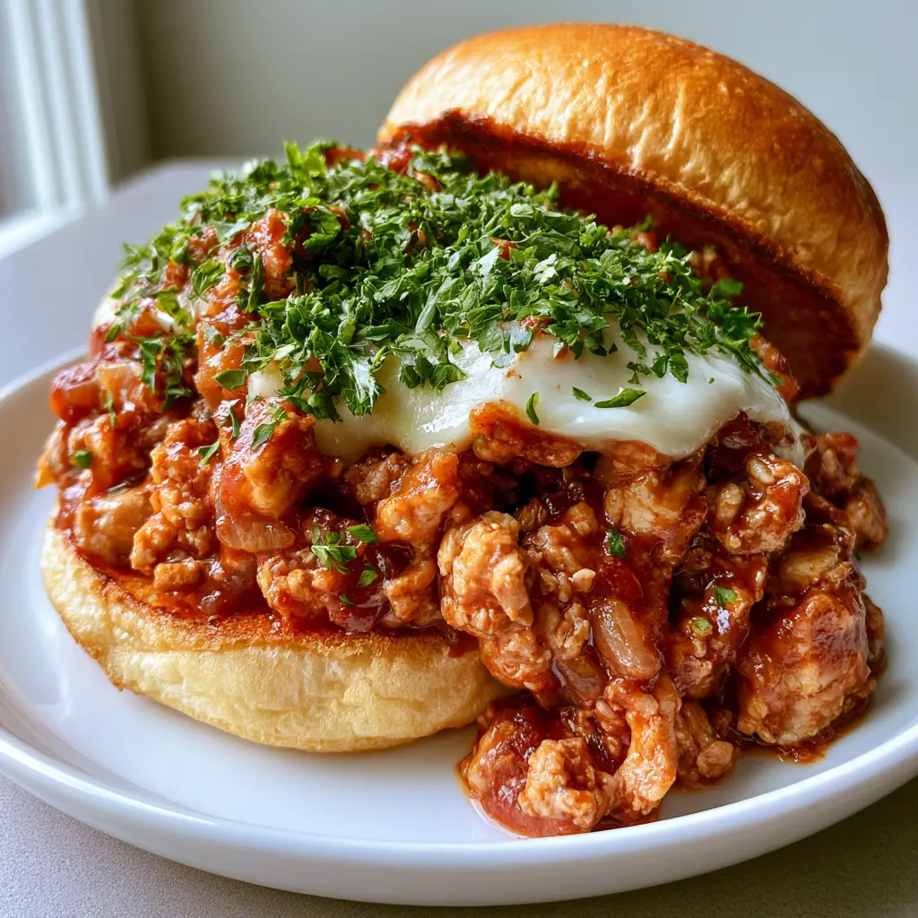 Ground Chicken Sloppy Joes With Melted Mozzarella 2 Close-up of glossy Ground Chicken Sloppy Joes filling with translucent onions and melted white cheese.