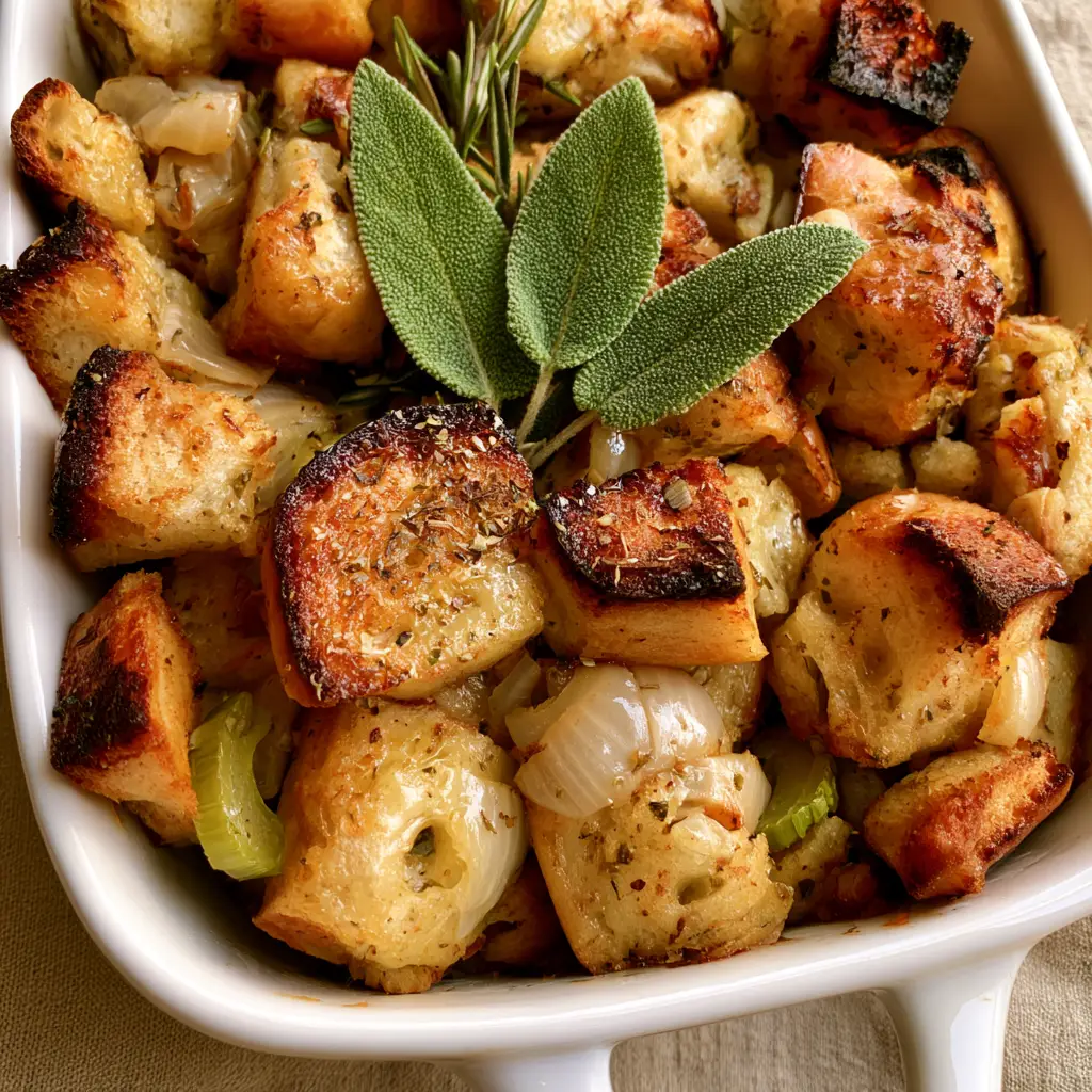 Close-up of the glistening buttery sheen on the herb-seasoned bread cubes.