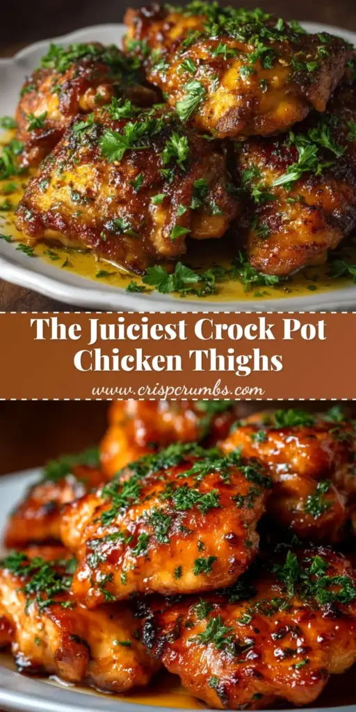 Slow Cooker Chicken Thighs with a Glossy Honey Garlic Glaze 3 A top-down view of golden-brown Slow Cooker Chicken Thighs in a black pot, coated in a thick, glossy amber sauce with garlic and parsley garnish.