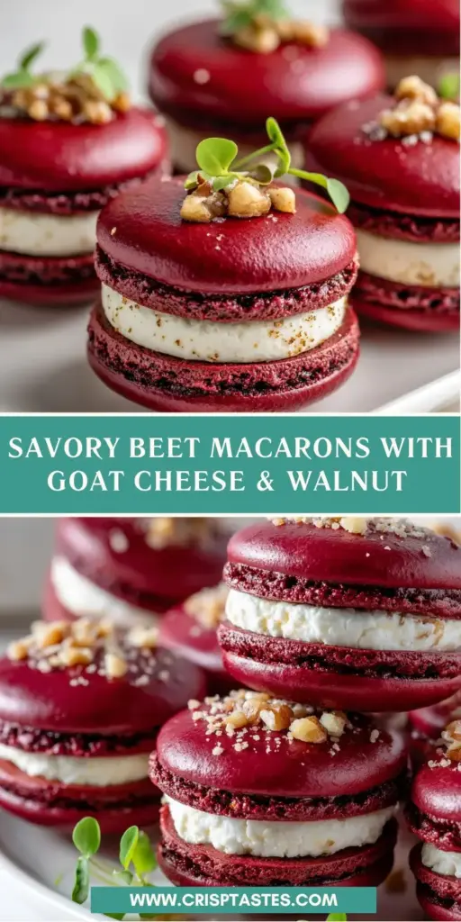 Savory Beet Macarons with Whipped Goat Cheese and Walnuts 4 Three vibrant magenta Savory Beet Macarons with white goat cheese filling and walnut edges on a white plate. (Savory Beet Macarons)