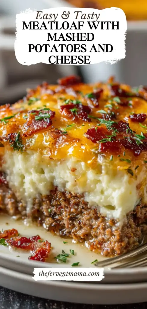 Cheesy Mashed Potato Meatloaf: The Ultimate Layered Comfort Food 4 A vertical Pinterest pin showing a close-up slice of Cheesy Mashed Potato Meatloaf with distinct layers of beef, white potatoes, and bubbling cheddar cheese garnished with scallions.