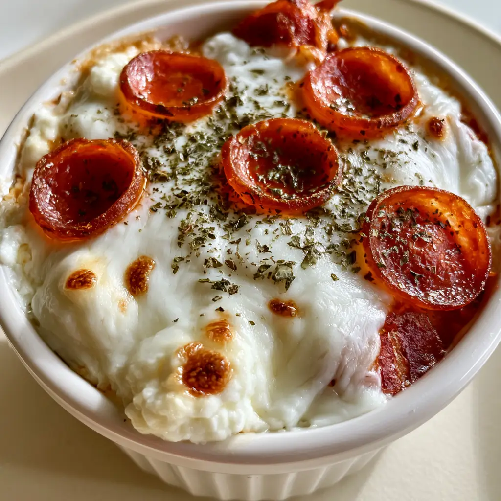 Five thin pepperoni slices with oily crisped edges on top of a Cottage Cheese Pizza Bake.