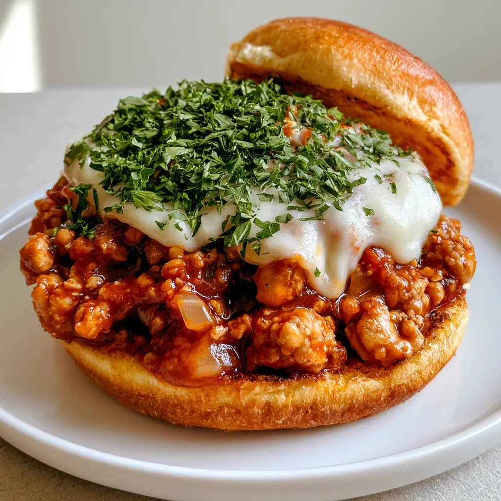 Ground Chicken Sloppy Joes With Melted Mozzarella 1 A Ground Chicken Sloppy Joe sandwich showing the toasted brioche bun and vibrant green parsley garnish.