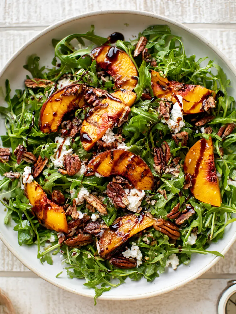 Close up of charred peach wedges and dark green arugula with thick balsamic glaze ribbons. (Peach Arugula Salad)
