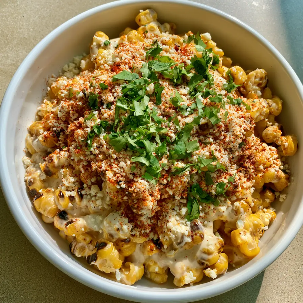 Mexican Street Corn (Esquites) Recipe: The Ultimate Charred Corn Bowl 2 Close up of Mexican Street Corn showing golden kernels with dark brown charred edges and glossy sauce.