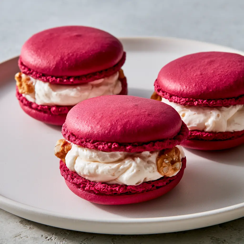 Savory Beet Macarons with Whipped Goat Cheese and Walnuts 2 Eye-level shot of three magenta Savory Beet Macarons arranged on a minimalist matte white ceramic plate showing ruffled feet.