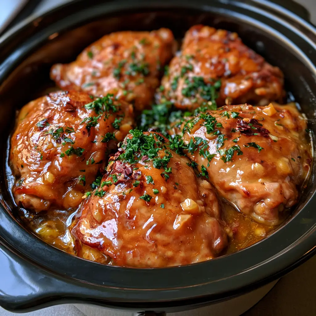Slow Cooker Chicken Thighs with a Glossy Honey Garlic Glaze 2 Close up smartphone photo of golden-brown glazed Slow Cooker Chicken Thighs with visible minced garlic and translucent amber sauce.