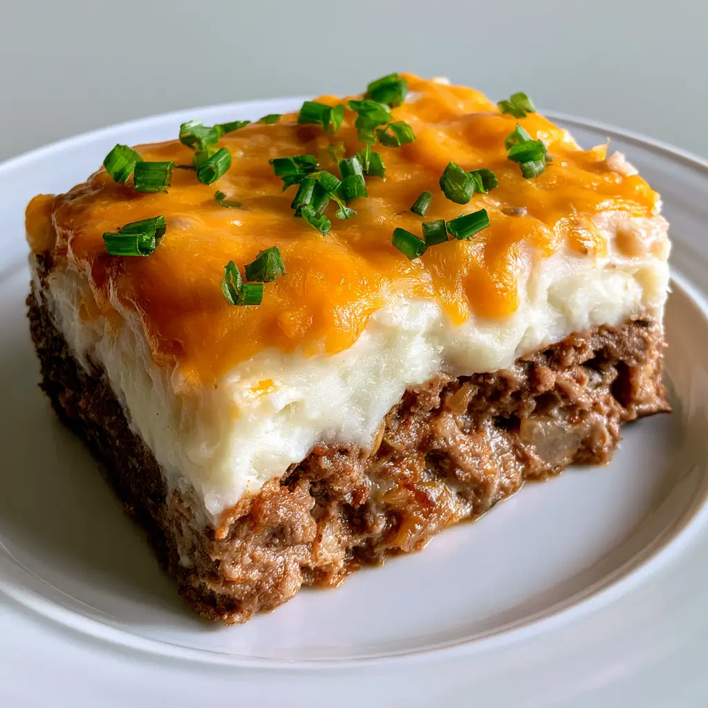 Cheesy Mashed Potato Meatloaf: The Ultimate Layered Comfort Food 2 A handheld smartphone photo of a single rectangular slice of Cheesy Mashed Potato Meatloaf on a white plate, showing juicy beef, creamy potatoes, and melted orange cheese.