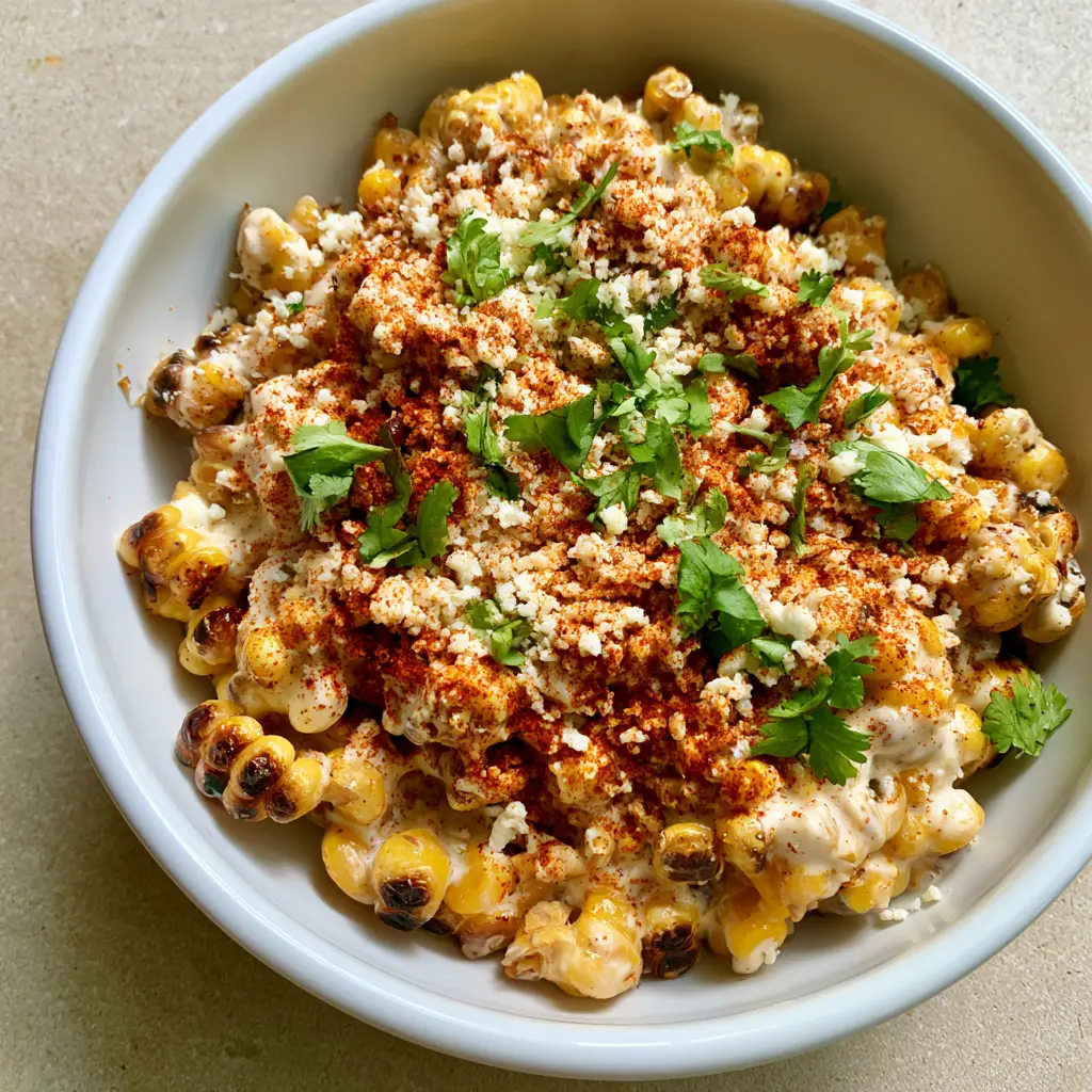 Mexican Street Corn (Esquites) Recipe: The Ultimate Charred Corn Bowl 1 Mexican Street Corn served in a white ceramic bowl on a light stone surface.