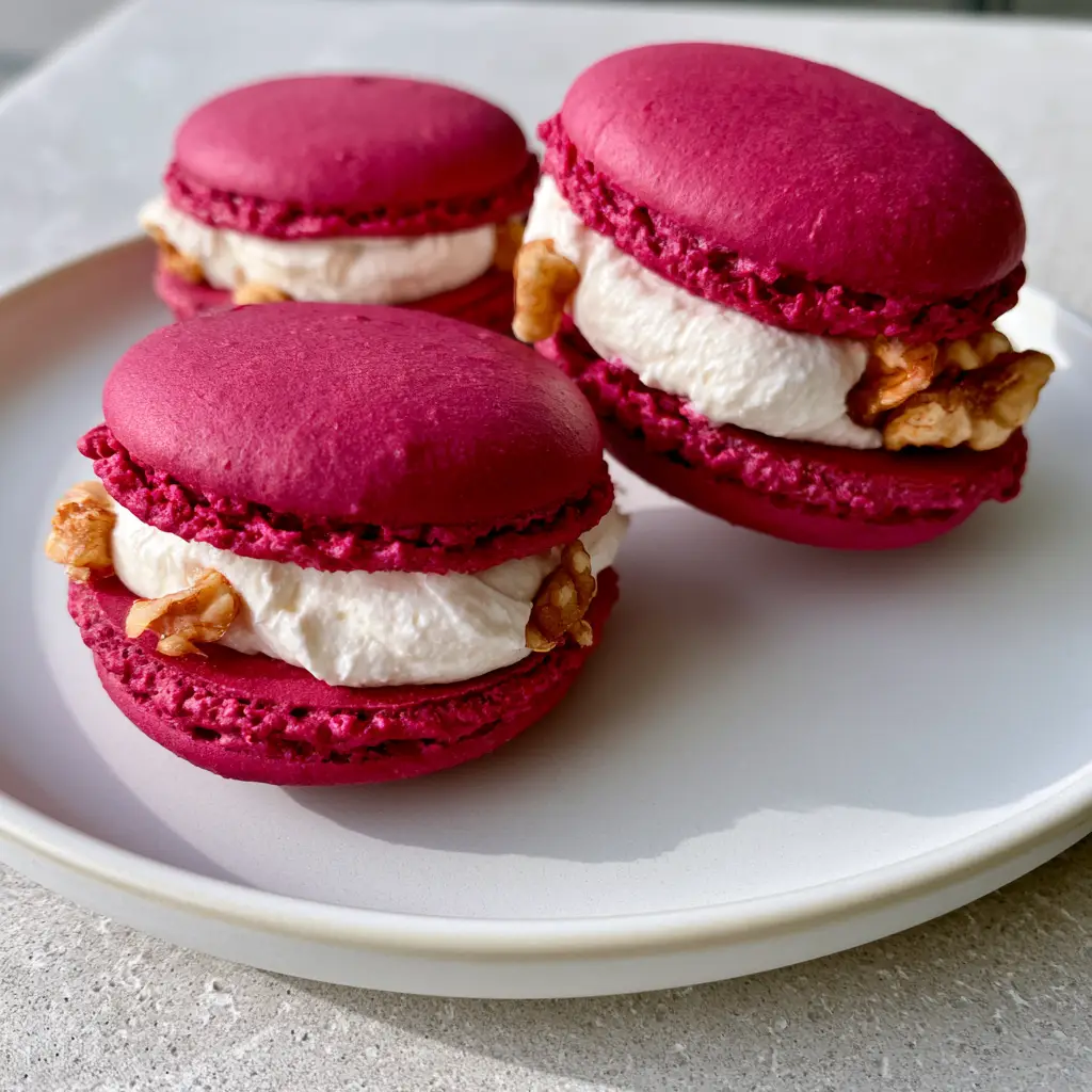 Savory Beet Macarons with Whipped Goat Cheese and Walnuts 1 Close-up of Savory Beet Macarons showing the aerated goat cheese filling and toasted walnut pieces.