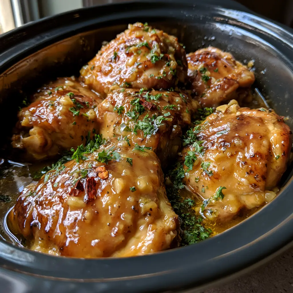 Slow Cooker Chicken Thighs with a Glossy Honey Garlic Glaze 1 Golden-brown chicken thighs in a black ceramic slow cooker pot garnished with parsley and red pepper flakes.
