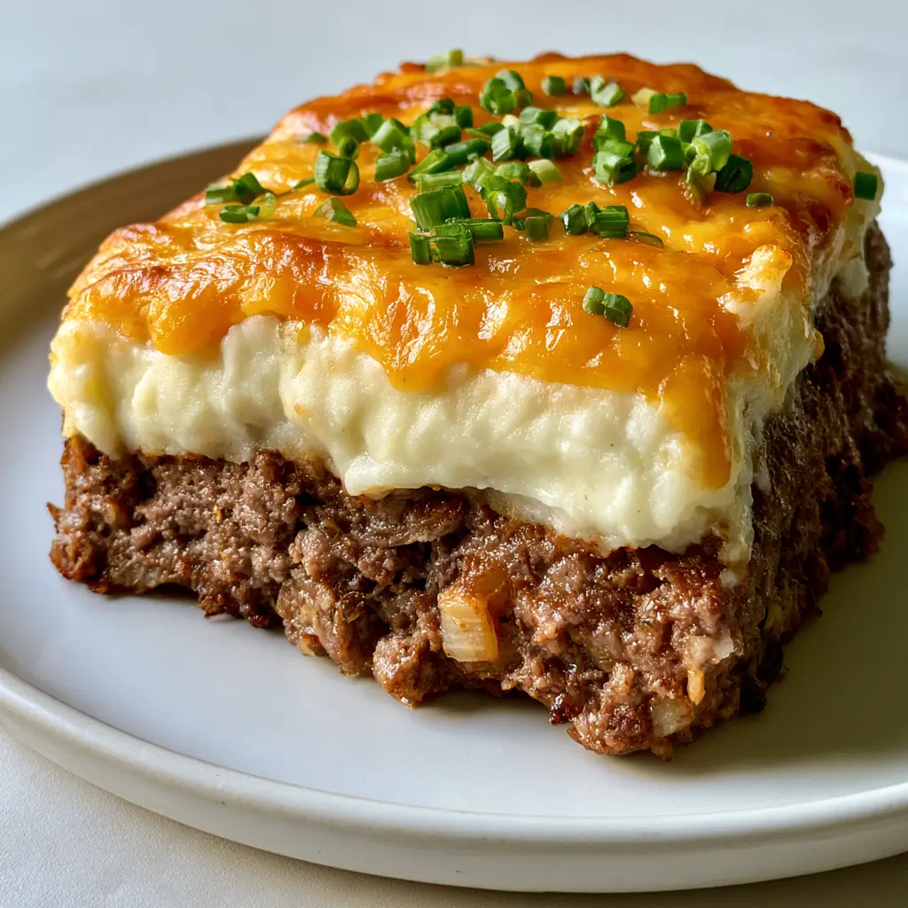 Cheesy Mashed Potato Meatloaf: The Ultimate Layered Comfort Food 1 A close-up view of the bubbling golden-orange cheese and green scallion garnish on top of a layered Cheesy Mashed Potato Meatloaf.