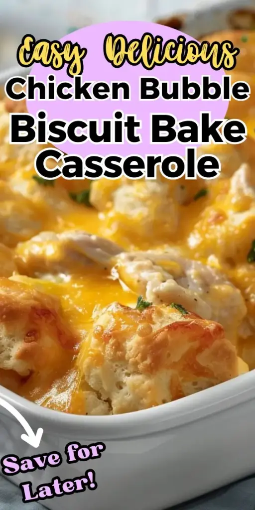 Chicken Bubble Biscuit Bake: The Ultimate Creamy Comfort Food 4 A close-up vertical shot of Chicken Bubble Biscuit Bake in a white ceramic dish, featuring golden-brown puffed biscuits and creamy beige gravy with peas and carrots.