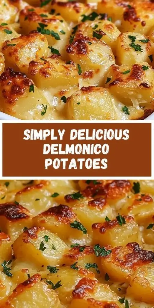 Delmonico Potatoes: The Ultimate Cheesy Baked Potato Casserole 3 A square white ceramic baking dish filled with cheesy Delmonico Potatoes featuring uniform cubes in ivory cream sauce and a golden-brown parmesan crust.