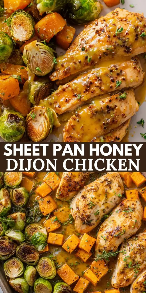 A top-down view of a Honey Dijon Chicken Sheet Pan featuring glossy chicken thighs, charred Brussels sprouts, and roasted sweet potatoes on a dark grey pan.