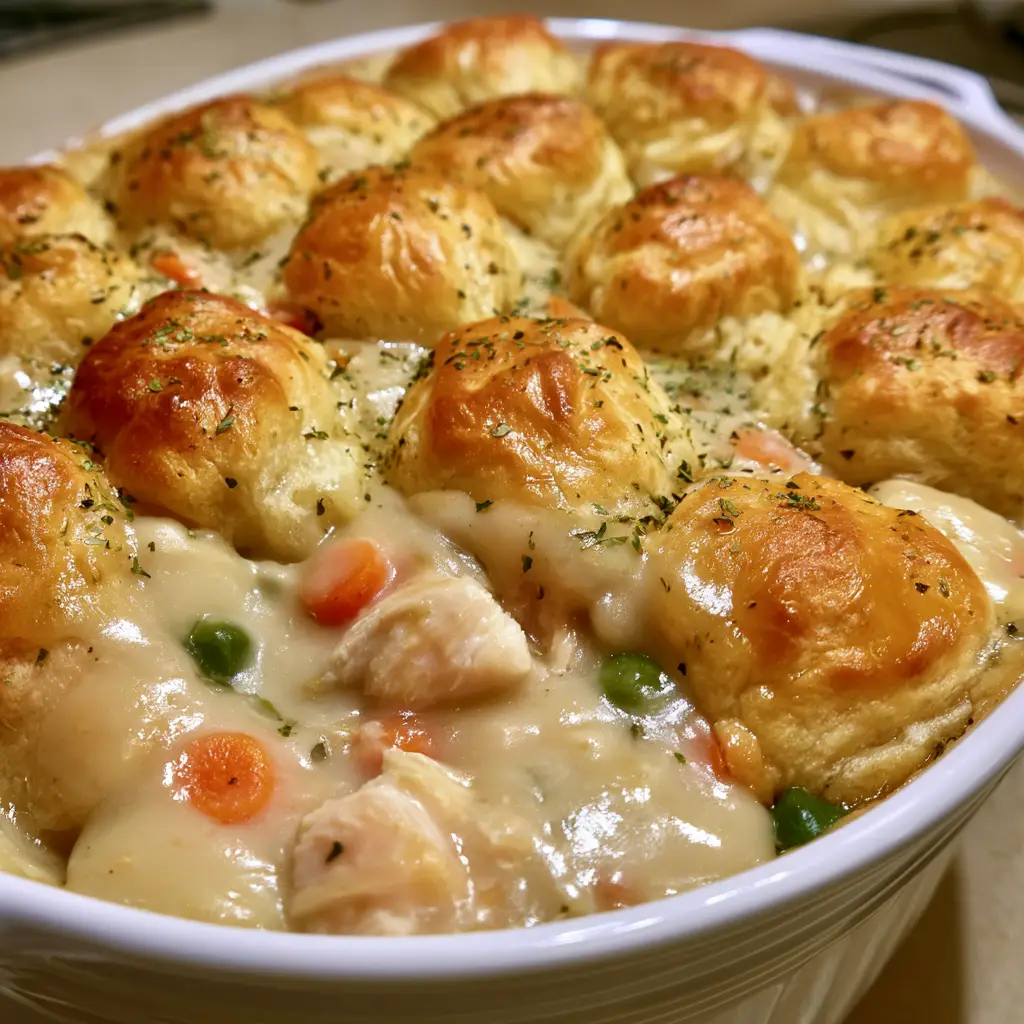 Chicken Bubble Biscuit Bake: The Ultimate Creamy Comfort Food 2 Overhead view of Chicken Bubble Biscuit Bake showing the matte buttery finish on golden biscuit dough balls and bubbling gravy.