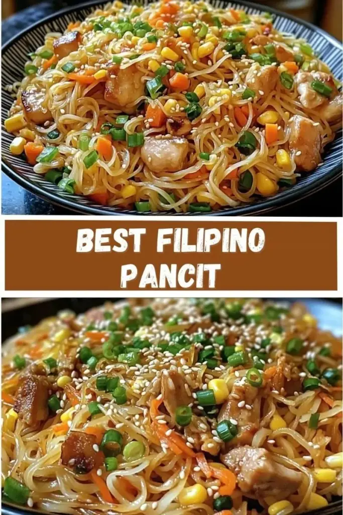 A close-up of Filipino Pancit Canton on a white plate with thick yellow noodles, seared pork, shrimp, snap peas, and hard-boiled egg halves.