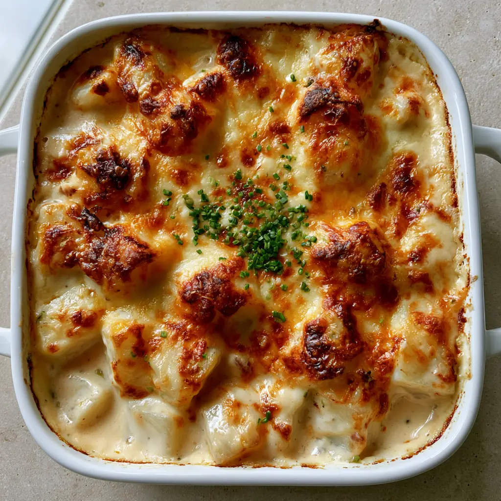 Delmonico Potatoes: The Ultimate Cheesy Baked Potato Casserole 2 Overhead shot of Delmonico Potatoes in a white dish with a bubbly cheddar crust and fresh chives.
