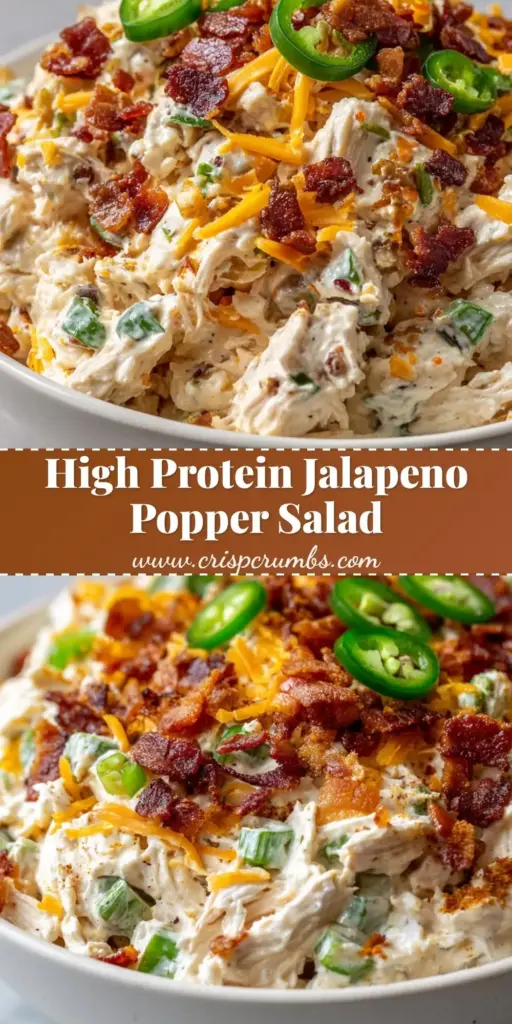 A tall Pinterest pin showing a close-up top-down view of a rustic white bowl of Jalapeno Popper Chicken Salad with melted cheddar and fresh jalapeno slices.