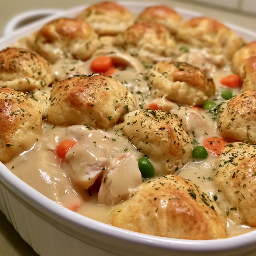 Chicken Bubble Biscuit Bake: The Ultimate Creamy Comfort Food 1 Detailed shot of the thick creamy beige gravy and white meat chicken inside the Chicken Bubble Biscuit Bake.