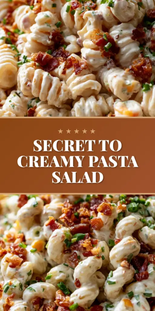 Ranch Pasta Salad with Crispy Smoked Bacon and Sharp Cheddar 4 A lush bowl of ranch pasta salad in an artisan stoneware bowl, featuring glossy rotini, mahogany bacon bits, and bright green peas. (ranch pasta salad)