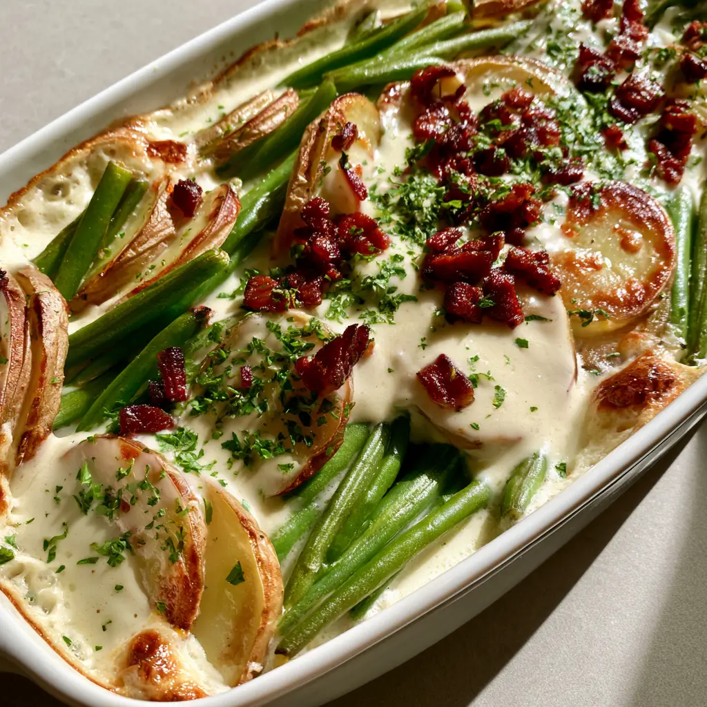 Potato and Green Bean Casserole with Crispy Bacon 2 Deep white ceramic dish featuring layered Potato and Green Bean Casserole with golden edges and glossy sauce.