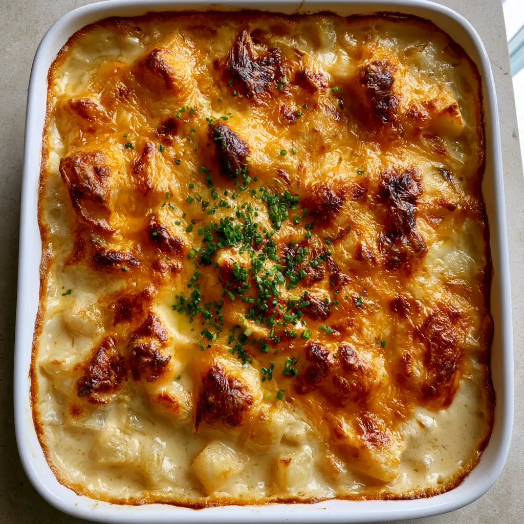 Delmonico Potatoes: The Ultimate Cheesy Baked Potato Casserole 1 Close up of caramelized cheese peaks and dark brown spots on top of Delmonico Potatoes.