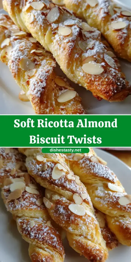 A minimalist white ceramic plate holding several twisted Ricotta Almond Biscuit Twists, dusted with powdered sugar and topped with toasted almonds.