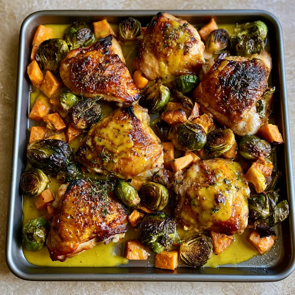 Full Honey Dijon Chicken Sheet Pan with roasted sweet potatoes and Brussels sprouts on a light stone surface.