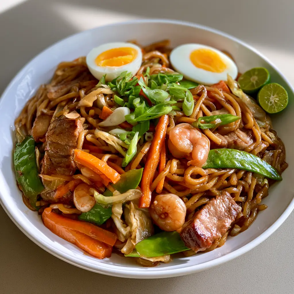 Close-up of Filipino Pancit Canton with hard-boiled eggs and calamansi citrus halves on the side.