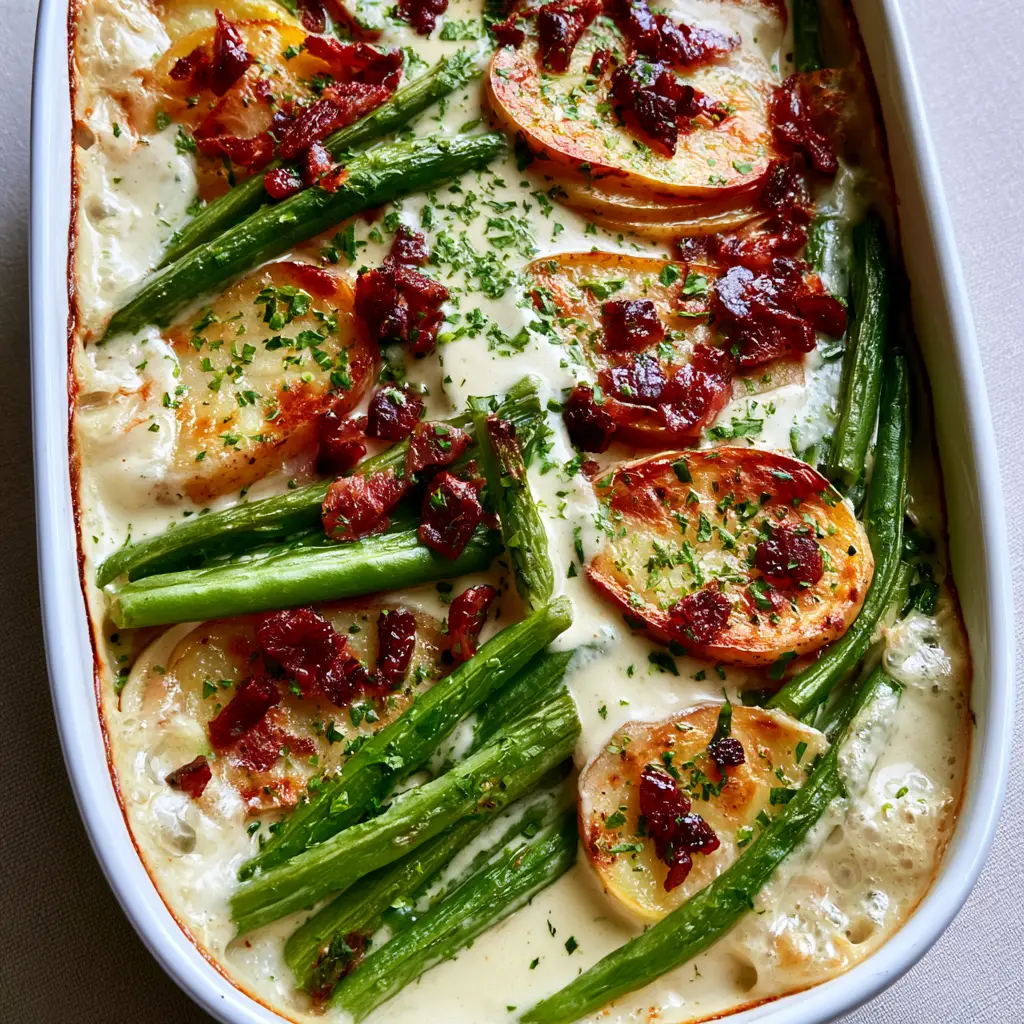 Potato and Green Bean Casserole with Crispy Bacon 1 Overhead view of Potato and Green Bean Casserole topped with crispy dark red bacon and parsley.