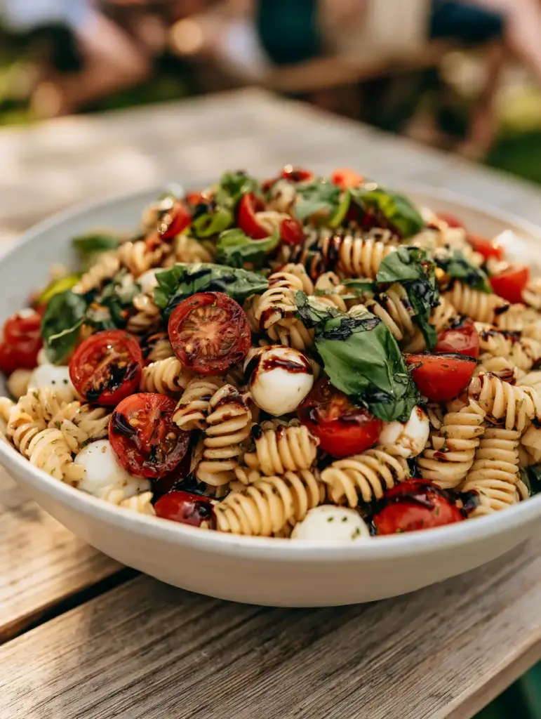 Top down view of a ceramic bowl filled with Caprese Pasta Salad, featuring torn basil and coarse cracked black pepper.