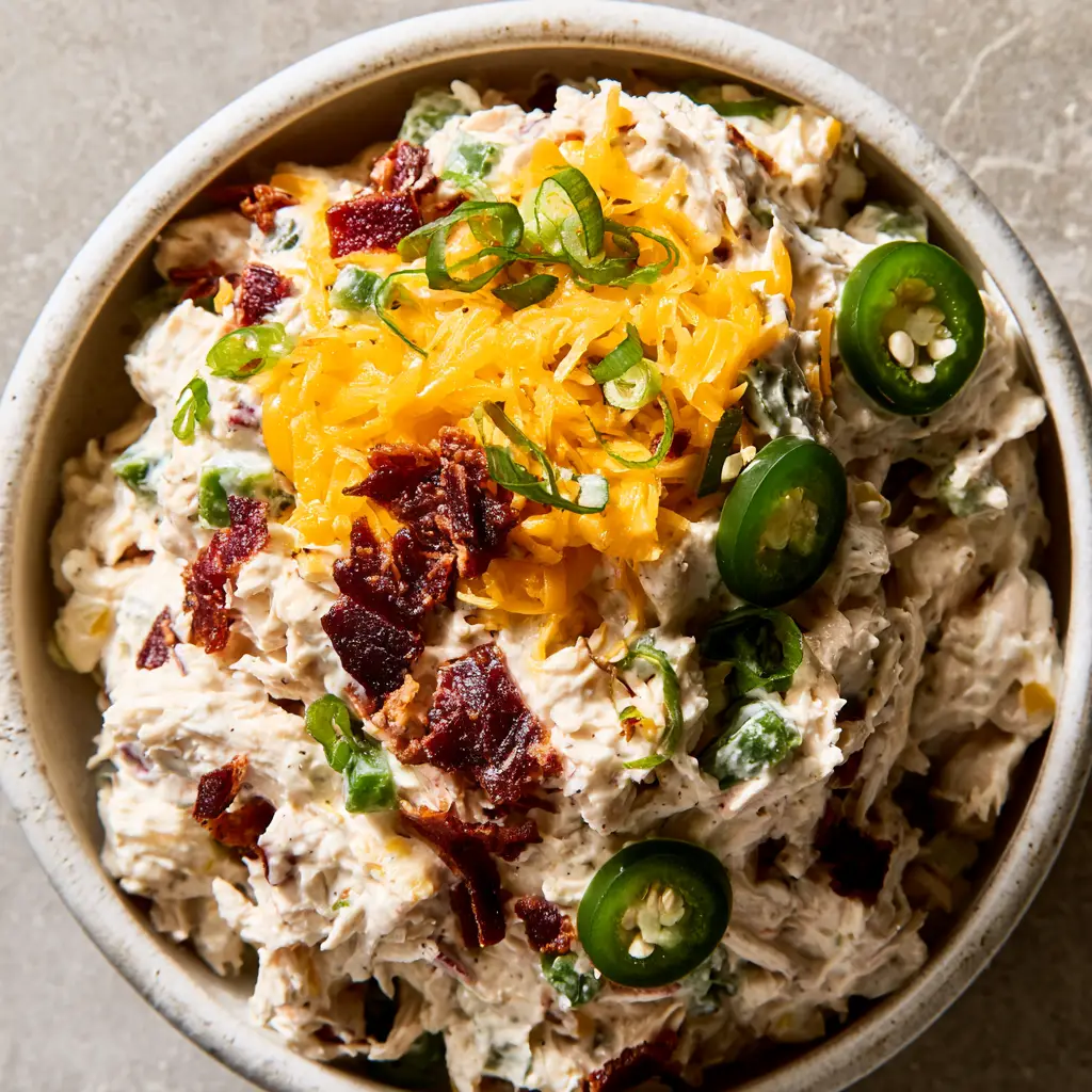 Close-up texture of Jalapeno Popper Chicken Salad showing crispy reddish-brown bacon bits and vibrant green jalapeno cubes in a thick white sauce.