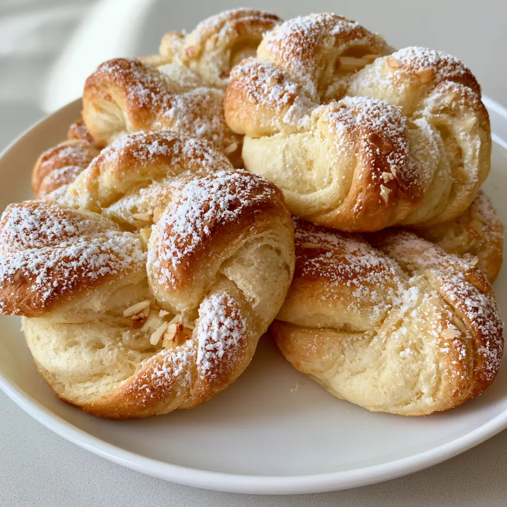 Handheld smartphone photo of Ricotta Almond Biscuit Twists with toasted almond slivers nestled in the dough folds.