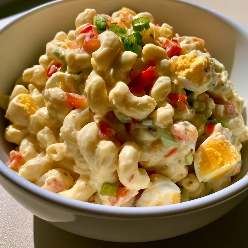 Amish Macaroni Salad: The Ultimate Creamy Classic 2 Smartphone photo of Amish Macaroni Salad featuring thick pale-yellow sauce and hard-boiled eggs in a white ceramic bowl.