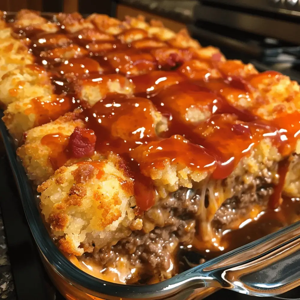 A close-up vertical shot of Tater Tot Meatloaf Casserole with rows of golden crispy tots and green onion garnish.