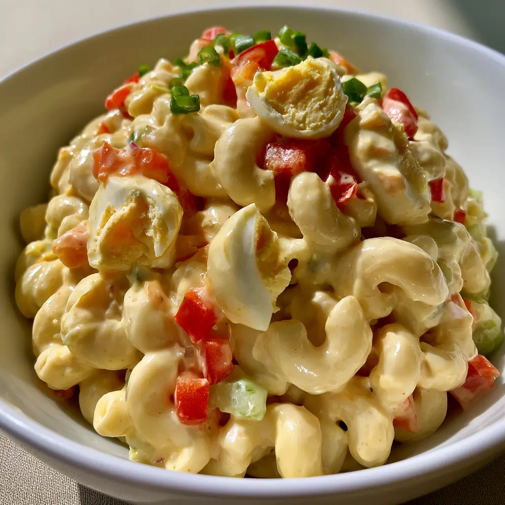 Amish Macaroni Salad: The Ultimate Creamy Classic 1 Overhead view of Amish Macaroni Salad mounded in a bowl with visible chunks of egg yolks and diced red peppers.