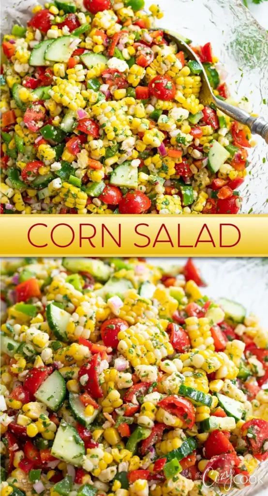 Amish Corn Salad: The Creamiest Traditional Summer Side Dish 4 A vertical Pinterest pin showing a close-up of creamy Amish Corn Salad in a white bowl with red and green peppers.