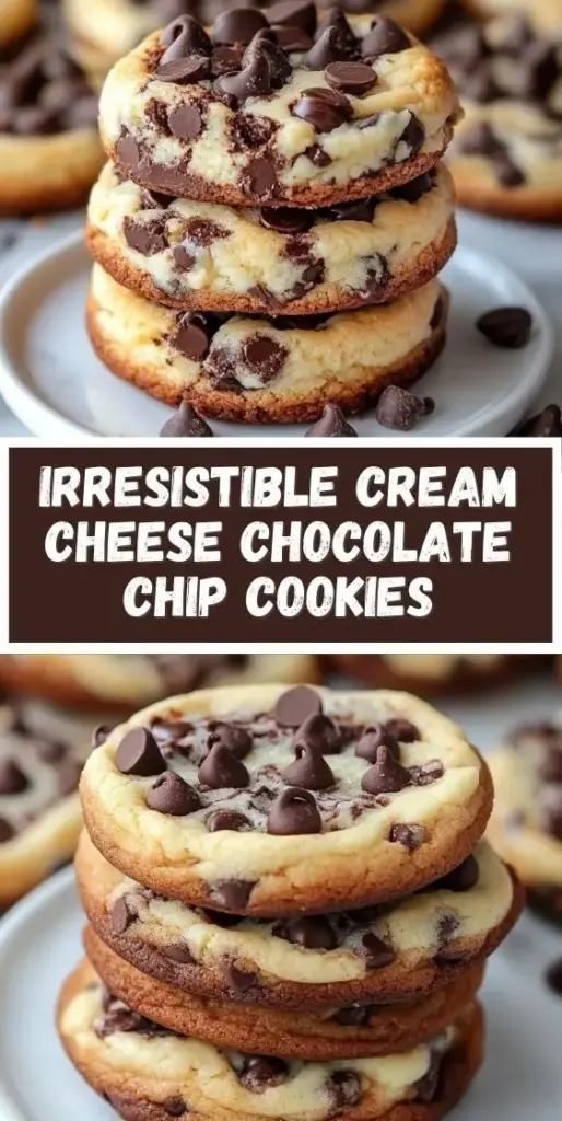 A tall stack of thick, soft-baked Cream Cheese Chocolate Chip Cookies with pale golden edges and glossy melted chocolate chips on a white plate.